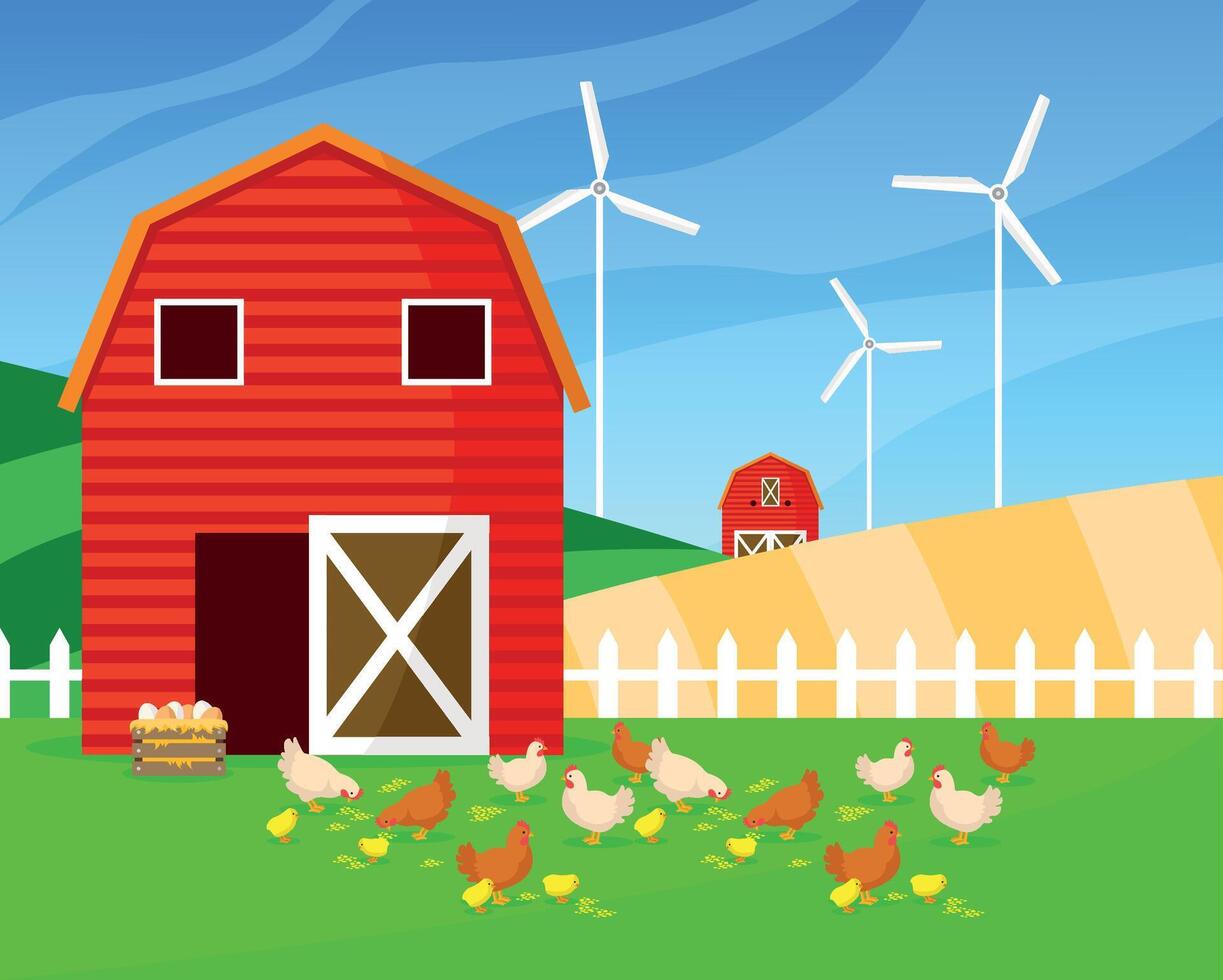 Red barn with chickens and wind turbines. vector