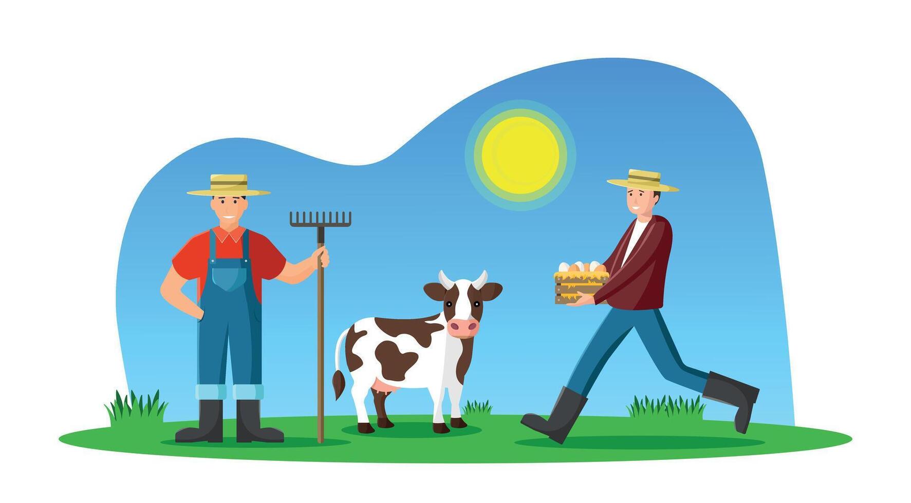 Farmers with a cow on a meadow. vector
