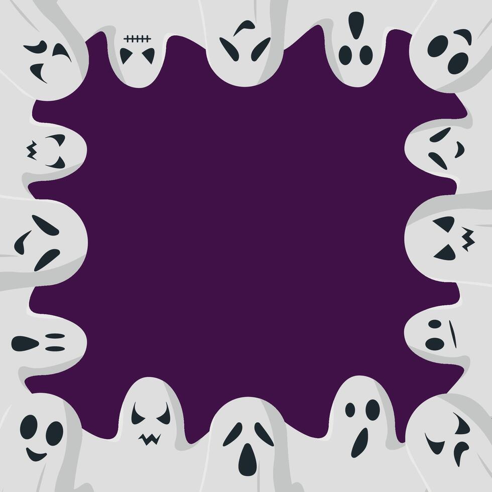 Halloween frame with cute ghosts on purple background. vector