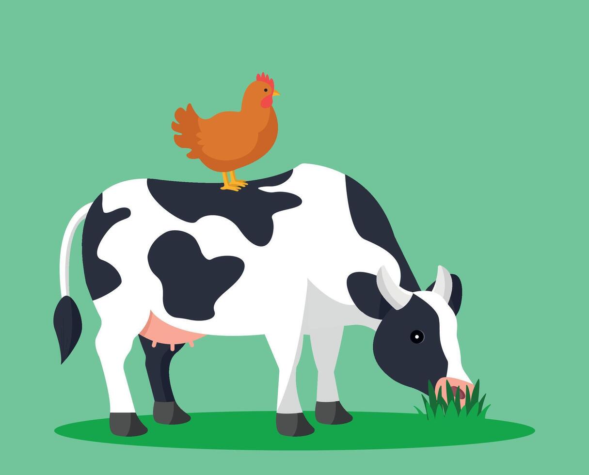 Chicken standing on a cow. Agriculture. vector