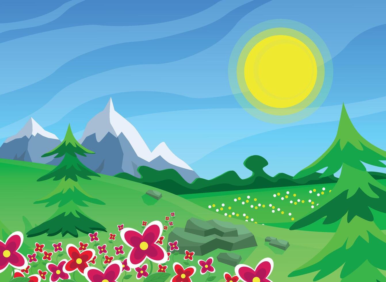 Landscape with mountains, flowers and sun. vector