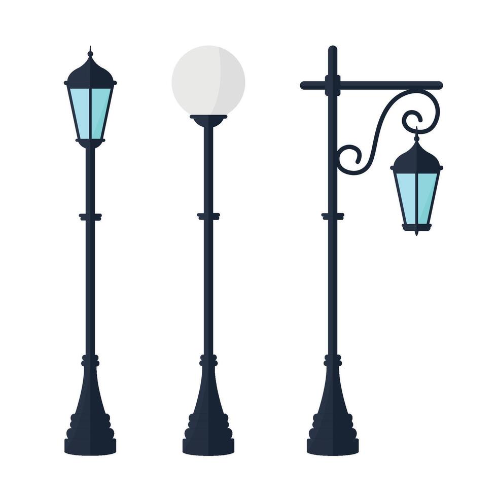 Set of lamp posts on a white background. Street lighting. Concept of urban street and park lighting. vector