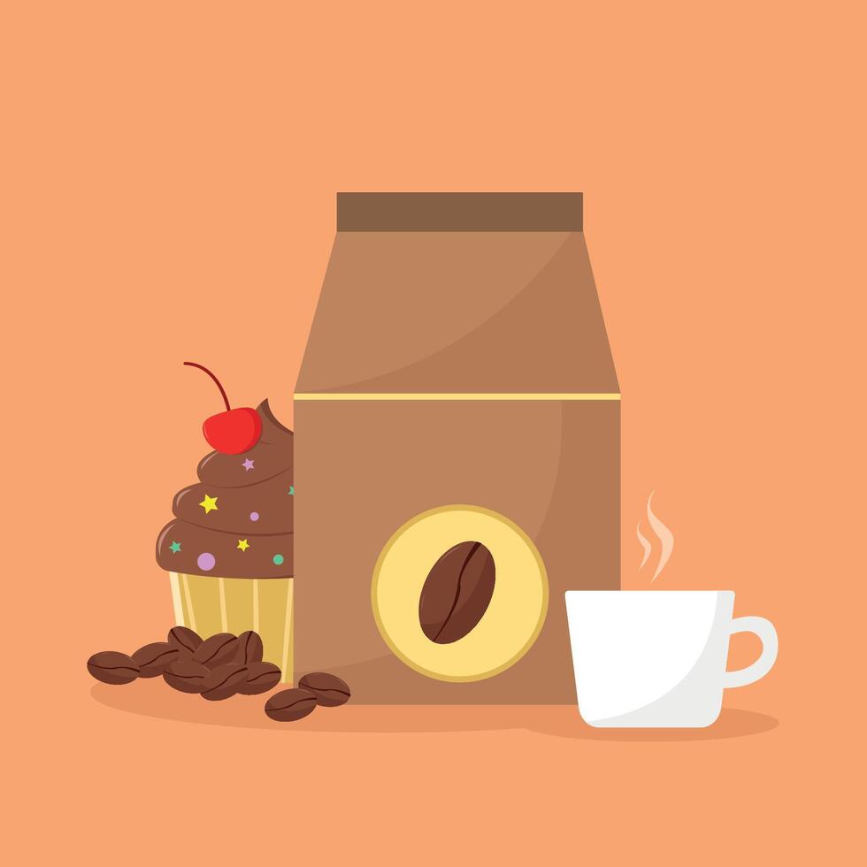 Coffee set consisting of a package of coffee beans, a cup of coffee and dessert. vector