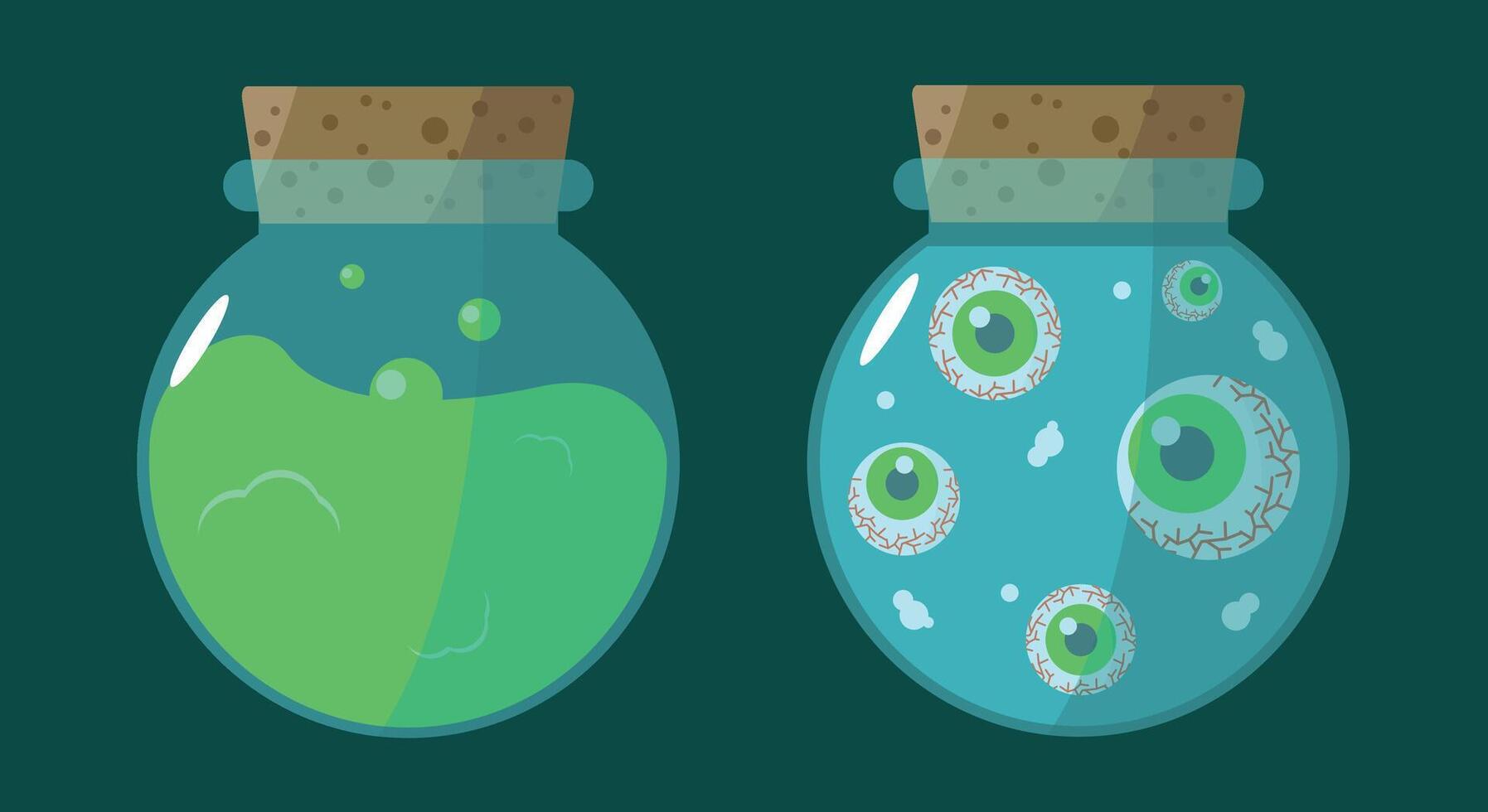 Glass flasks with witch potion and eyes. Concept for Halloween and other holidays. vector
