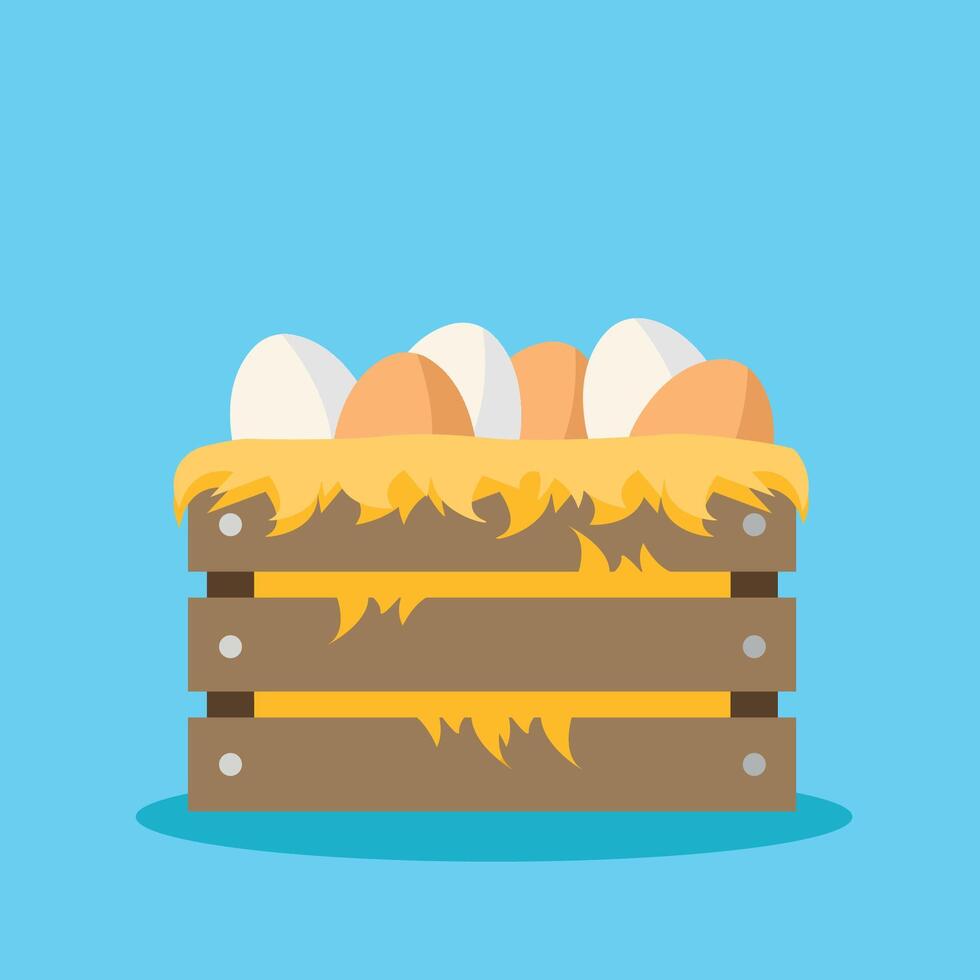 Eggs in a wooden box. Farm harvest. vector