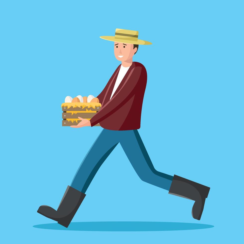Farmer running with a box of eggs. Farmer's harvest. vector