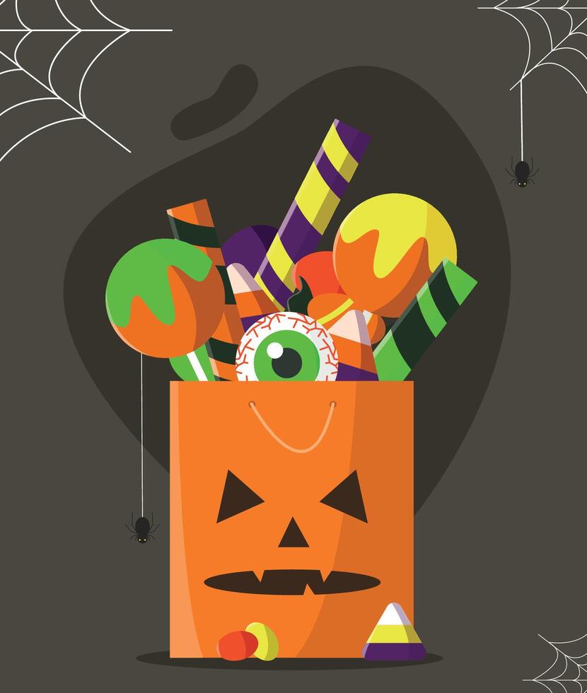 Gift bag with sweets in Halloween style on dark background. vector