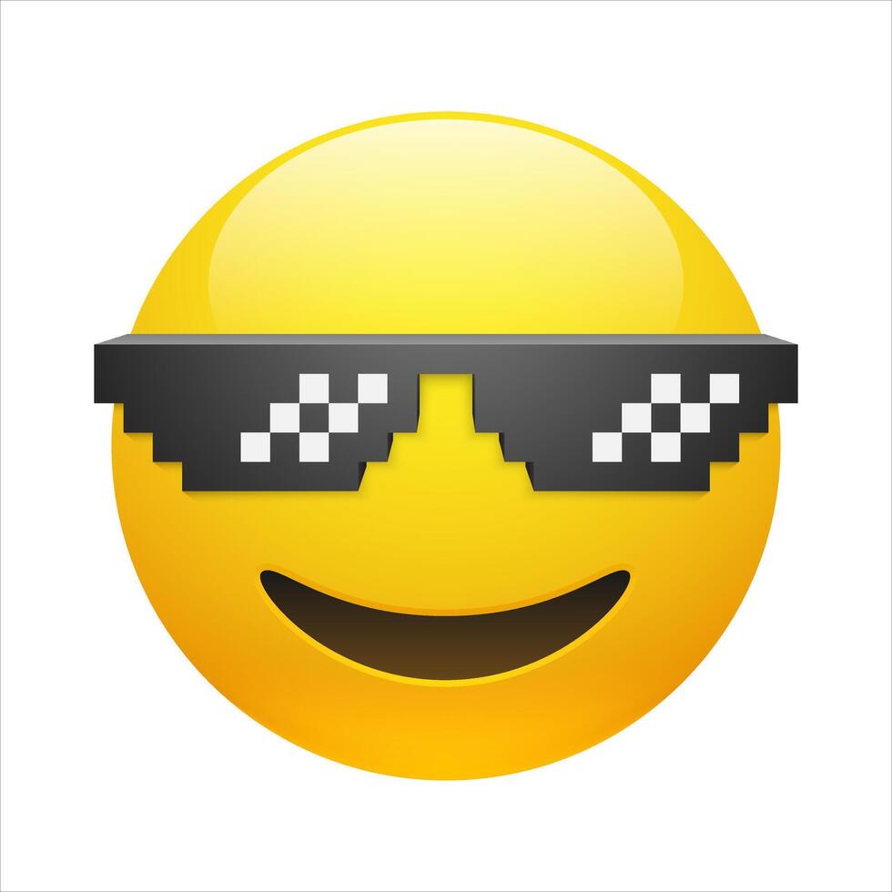 Smiling emoticon with thug life pixel glasses vector