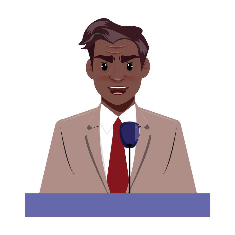 Illustration of a confident black man giving a speech on stage, symbolising leadership and public speaking vector