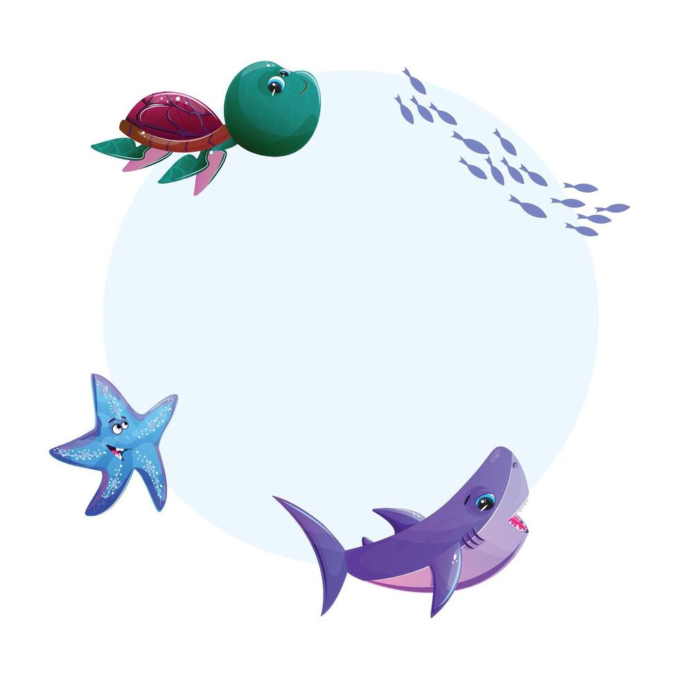 Underwater themed circle frame with marine animals like a shark, turtle, starfish, and fish pack vector