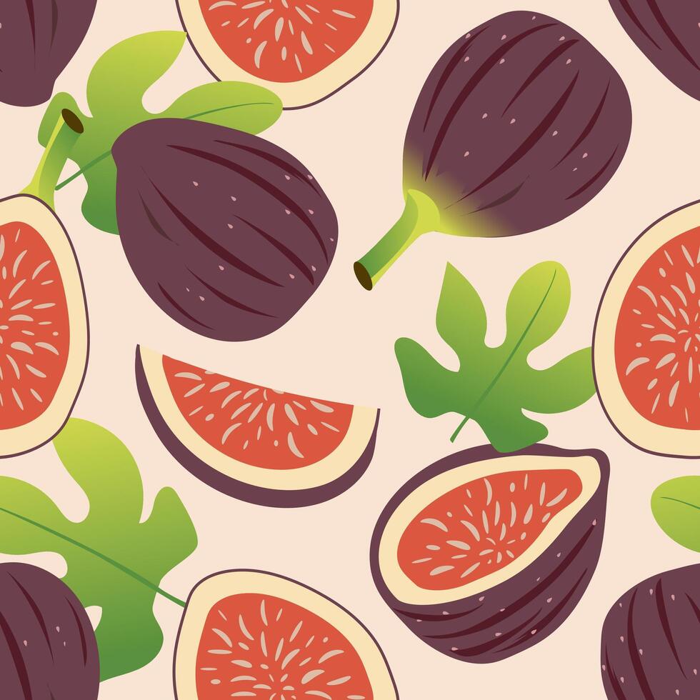 Figs and fig slices form a beautiful modern oriental seamless pattern with pink background for textile. vector