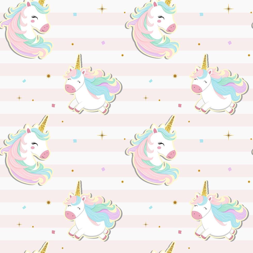 Seamless pattern with unicorns, gold horn. Gentle backgrounds in pastel colors. Unicorn wallpaper. vector
