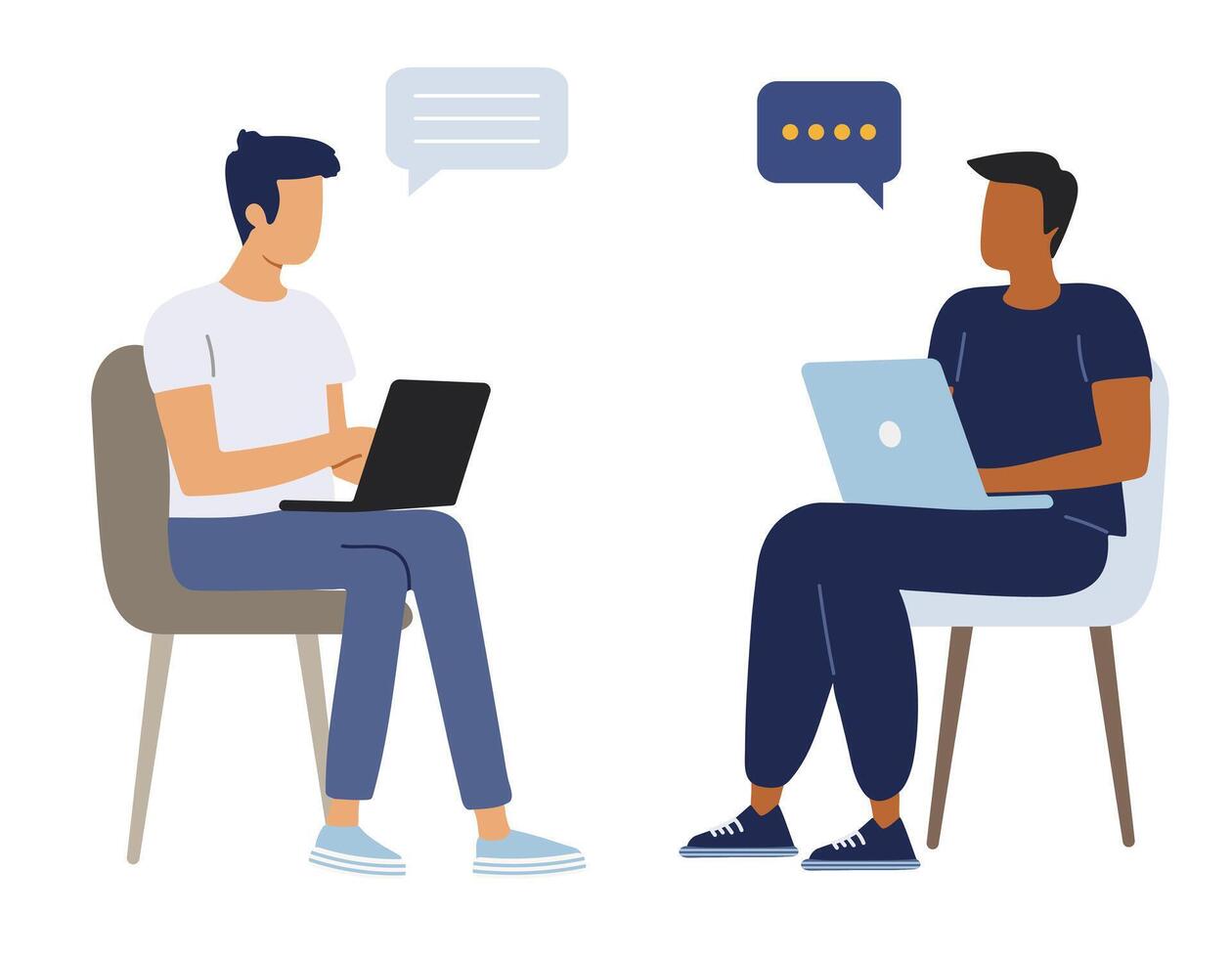 Two men work together and discuss their tasks in front of their computers. Flat style illustration. Business people. vector