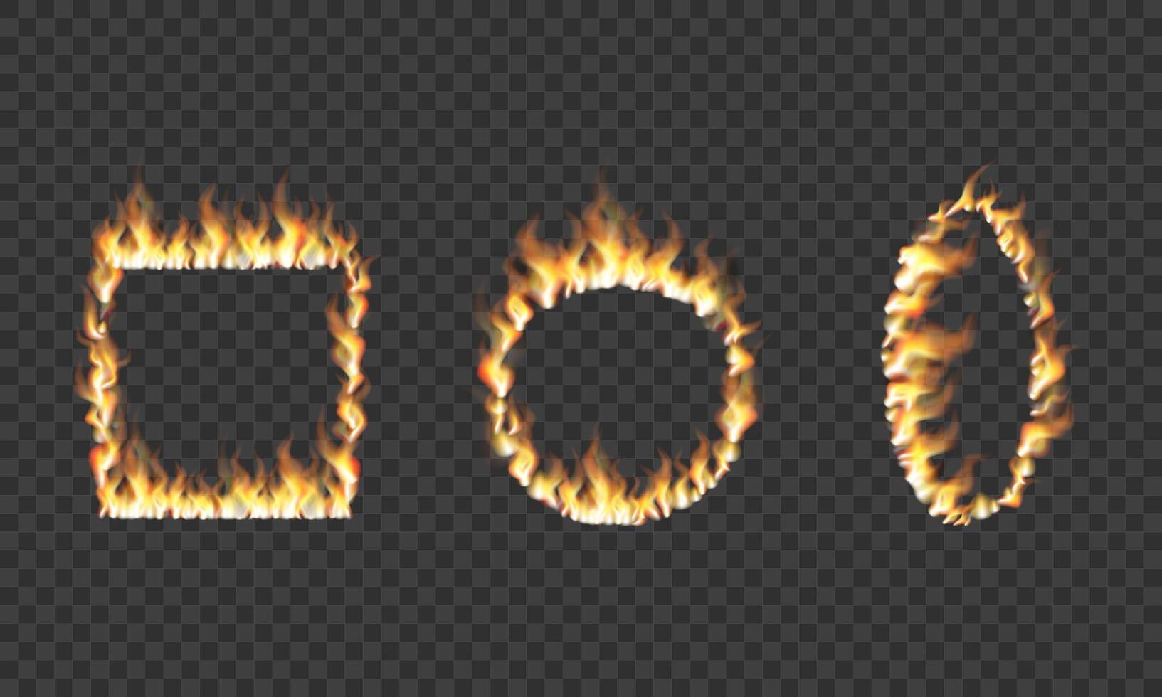 Square and round frames made of fire. Realistic fire set. Flame fire illustrations. vector