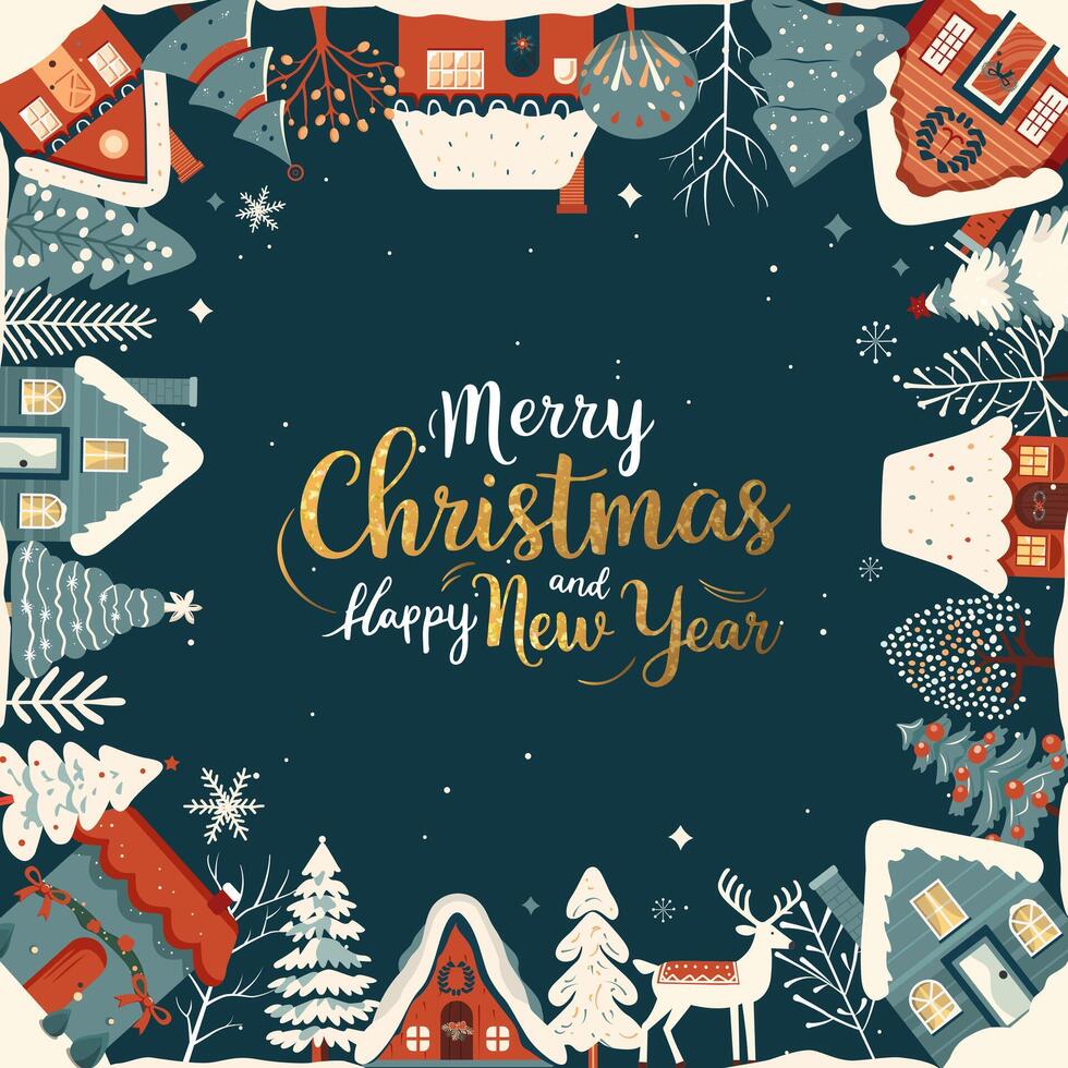 Square winter card, Christmas frame with gold lettering, scandi houses, snowy trees. New Year, winter ornament, poster vector