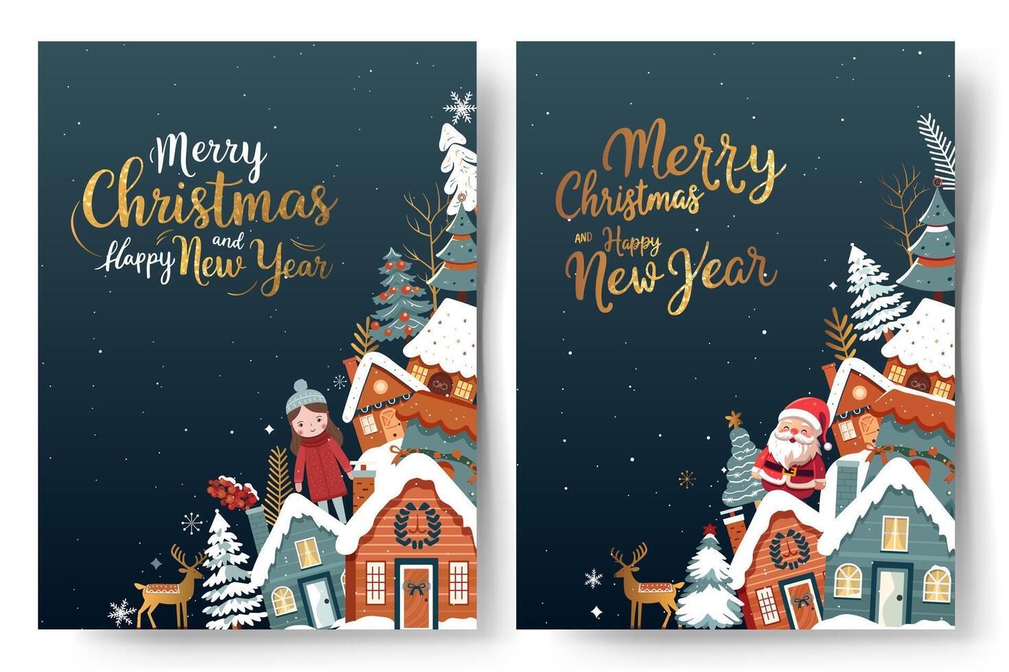Set of xmas cards, frames with scandi houses, trees and golden lettering. Concept christmas and New Year. Winter poster vector