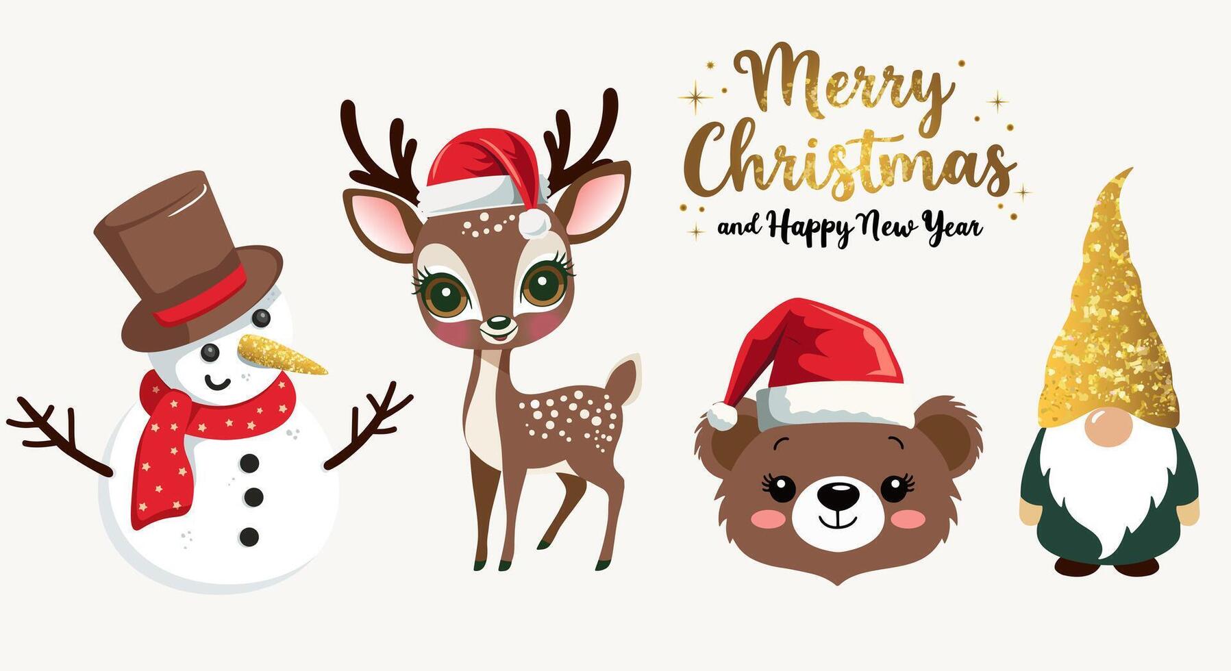 Merry Christmas set with deer, lettering, snowman, bear. Winter characters set. For banner, card, package. vector