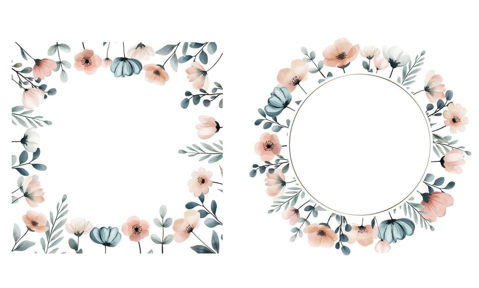 Set of botanical frames with wild meadow flowers in pastel colors. Watercolor botanical frames, foral template vector