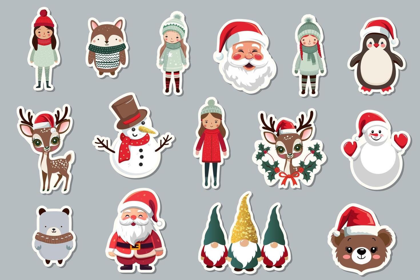 Xmas stickers. Winter characters set. Merry Christmas set with Santa, winter animals in hats, elf. vector
