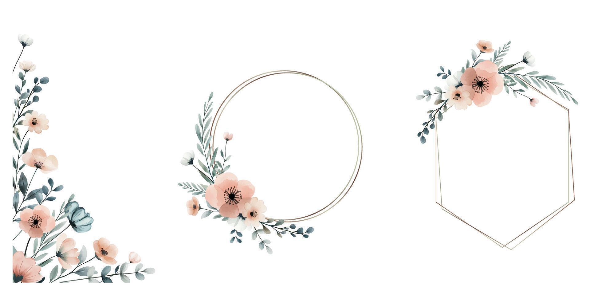 Set of botanical frames with wild flowers in pastel colors. Watercolor botanical frames, foral template vector