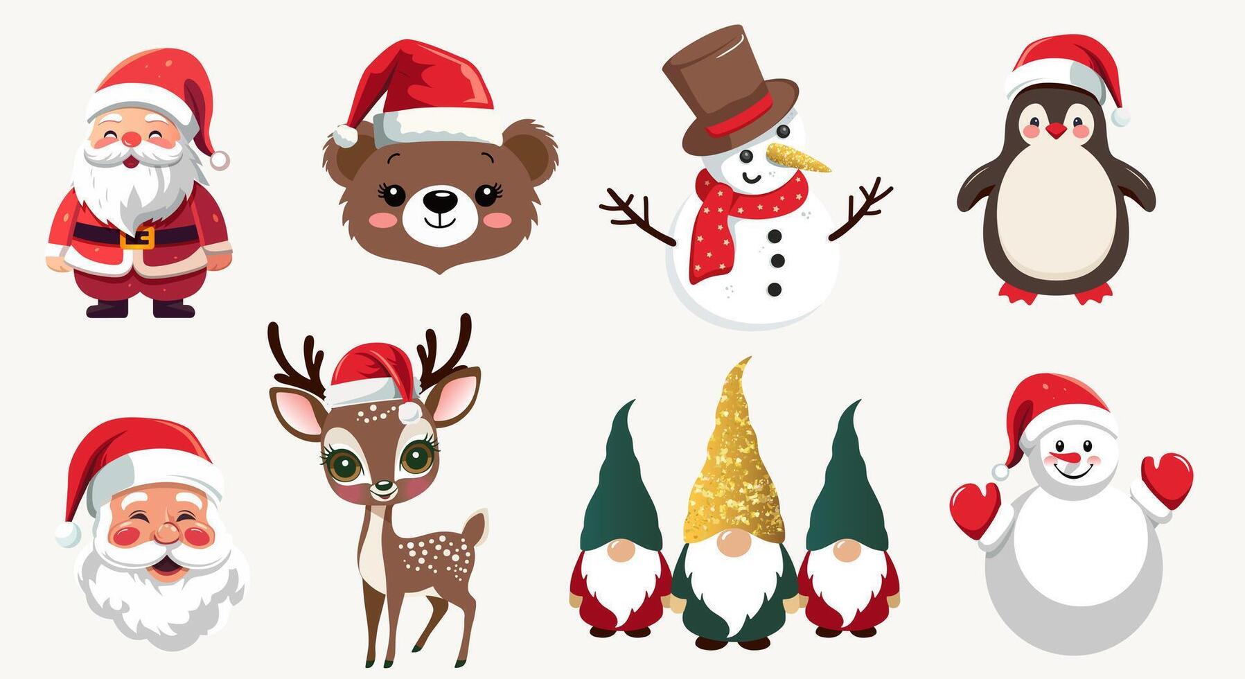 Merry Christmas set with Santa, winter animals in hats, gnomes. Winter characters set. For banner, card, package. vector