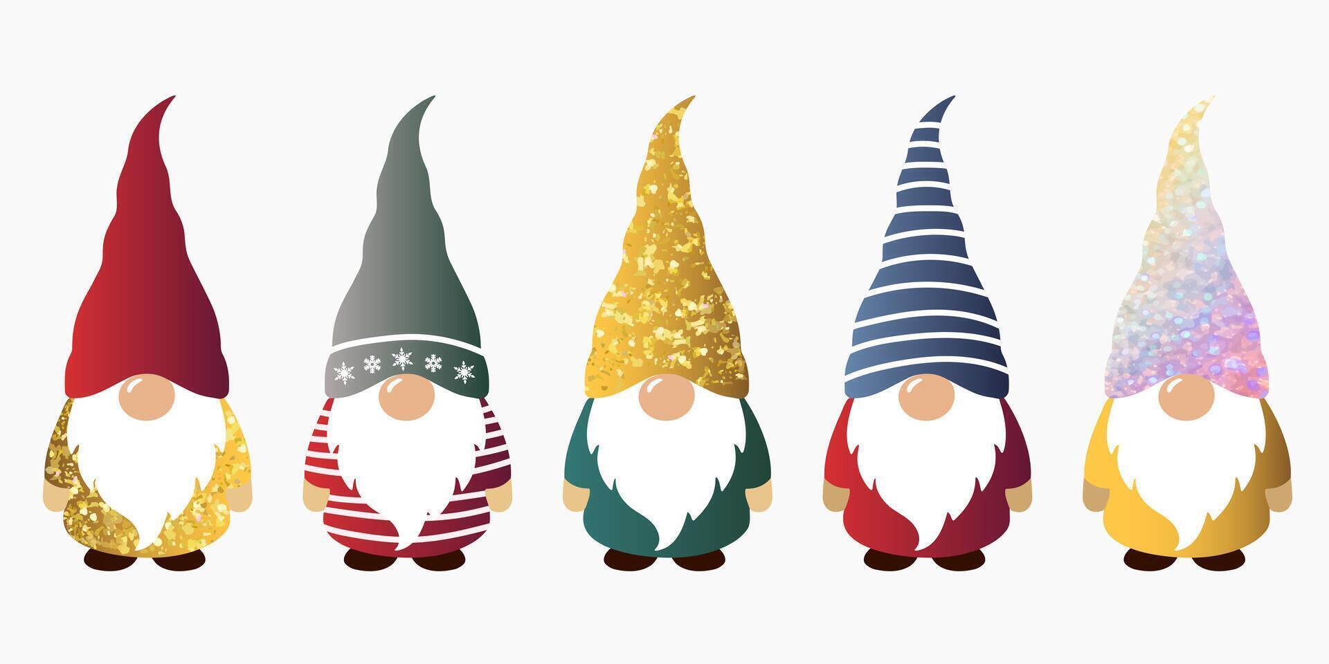 Chrismas gnomes collection. Cute elves in colorful clothes. Winter characters gnomes. Golden hats. vector