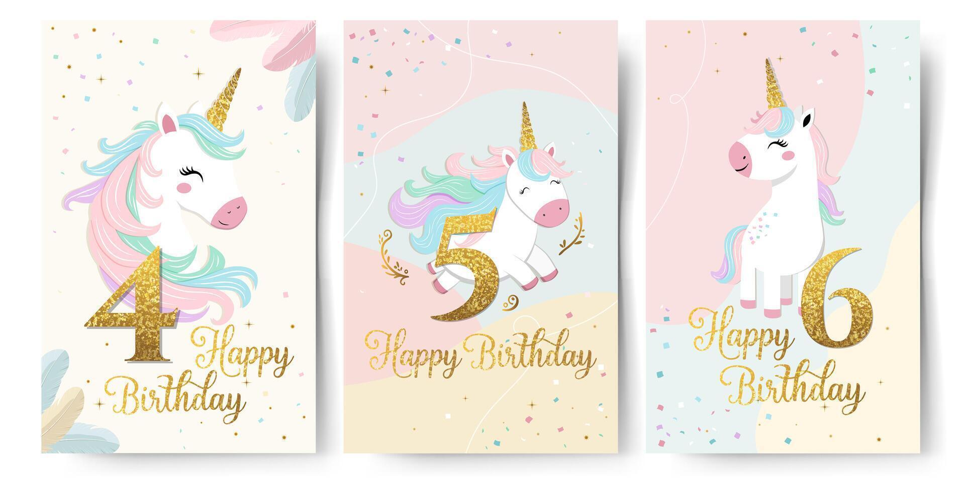 Set of Happy birthday cards with cute unicorn and golden numbers 4 5 6. Gentle templates, frames. Golden horn vector