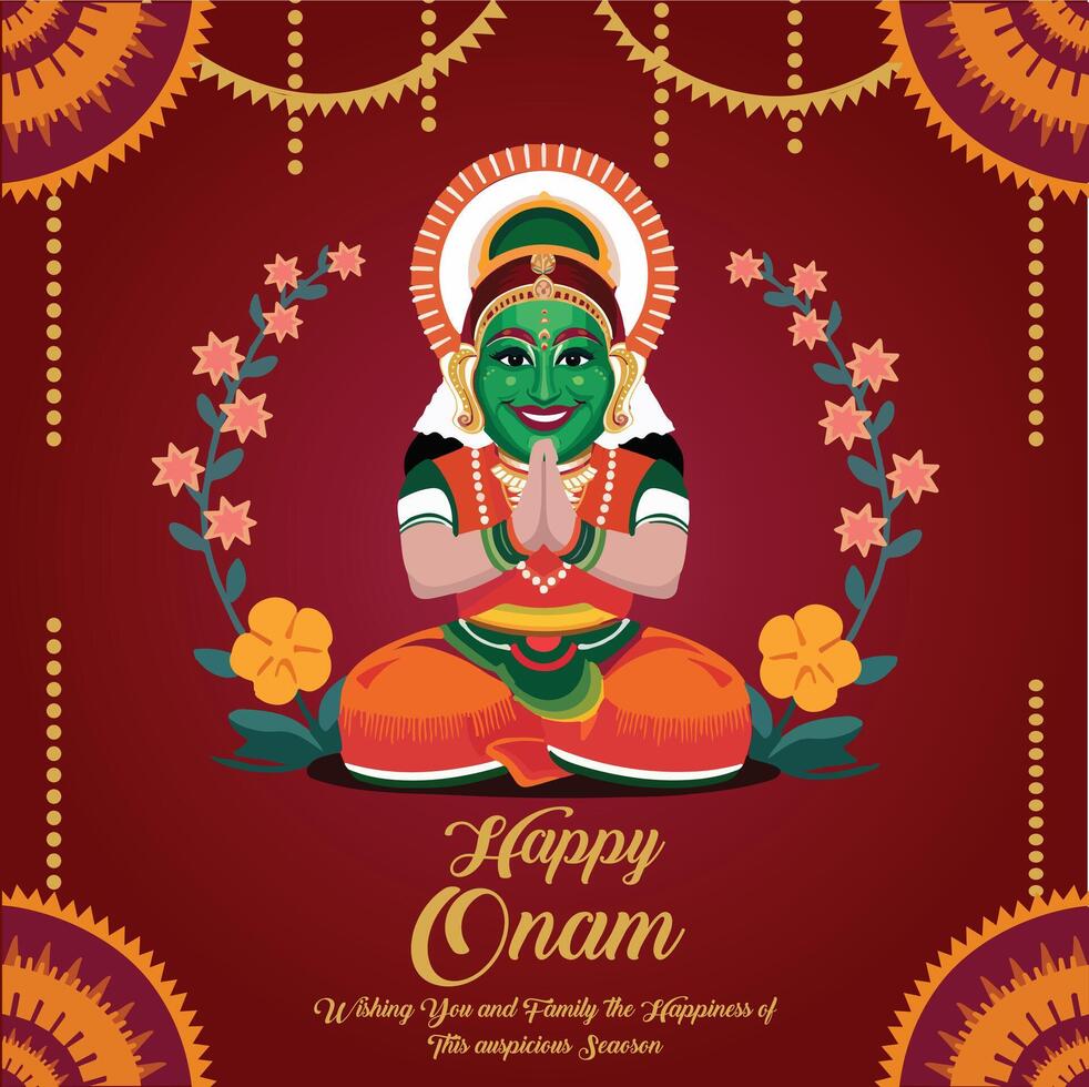 happy onam festival template with kathakali dancer vector