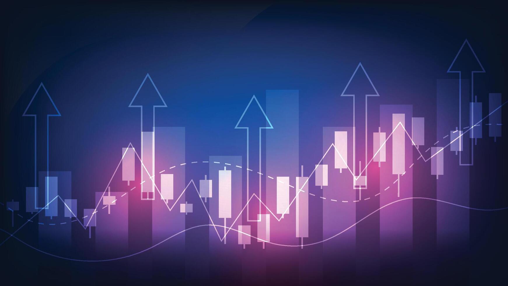 arrow up with bar graph and candlesticks chart on blue background. financial growth and stock market investment vector