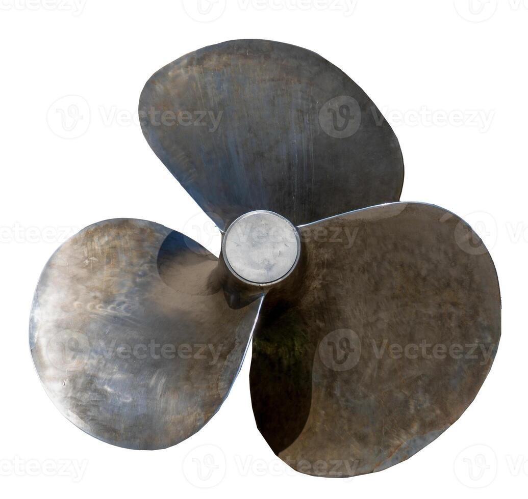 Ship screw. Metal blade isolated on white background. Three blades silver propeller cutout close-up. photo