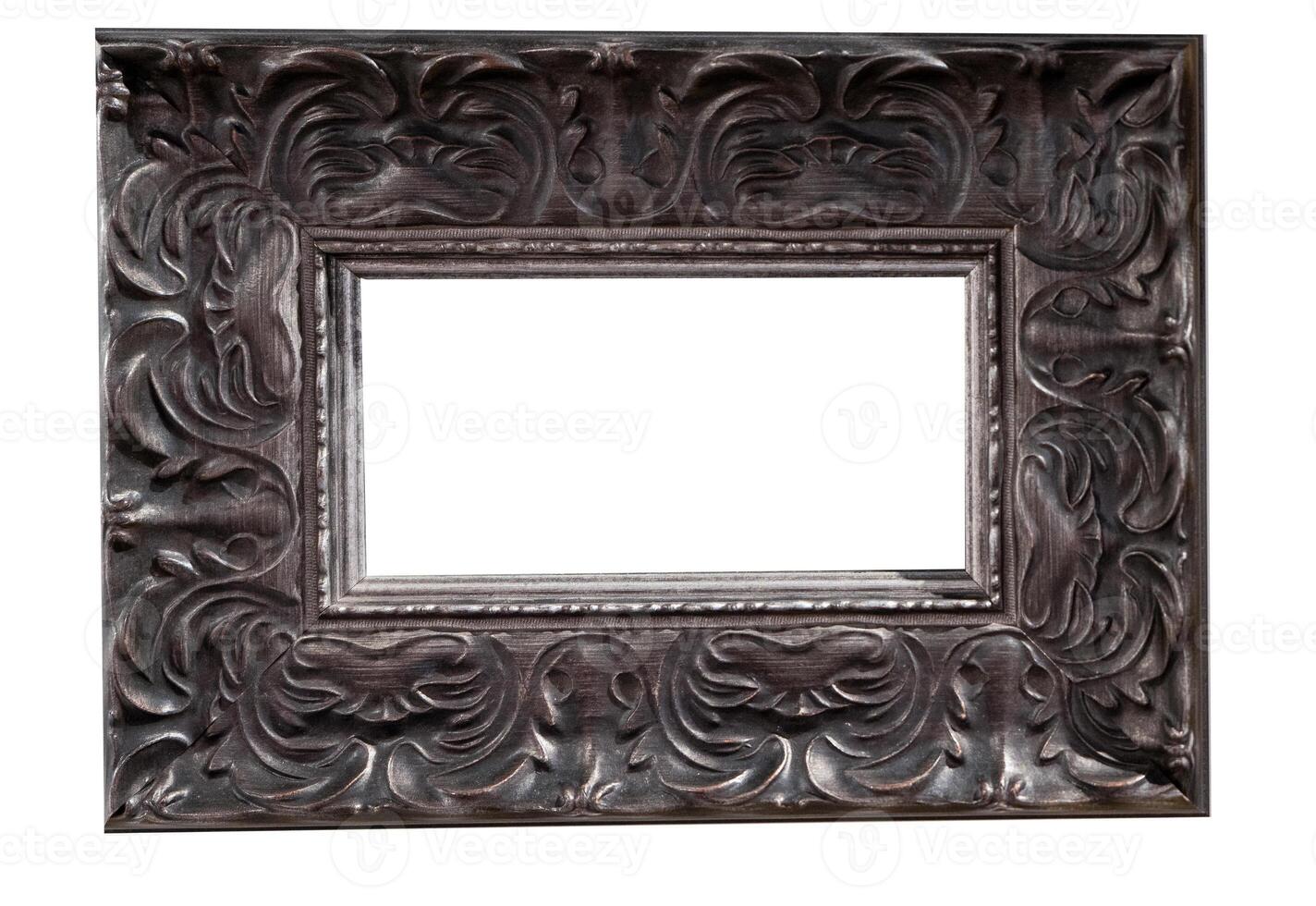 Empty frame for a picture or photo. Isolate with place for text. Silver black frame isolated on white background. Layout template photo