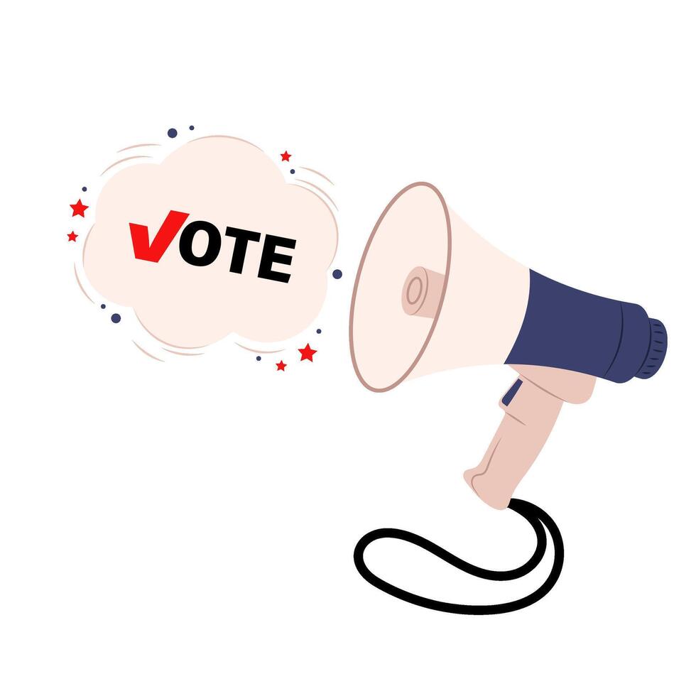 Megaphone. Election 2024. Megaphone in hand with the inscription vote. Loudspeaker, speaker, bullhorn alert. Election campaign. vector