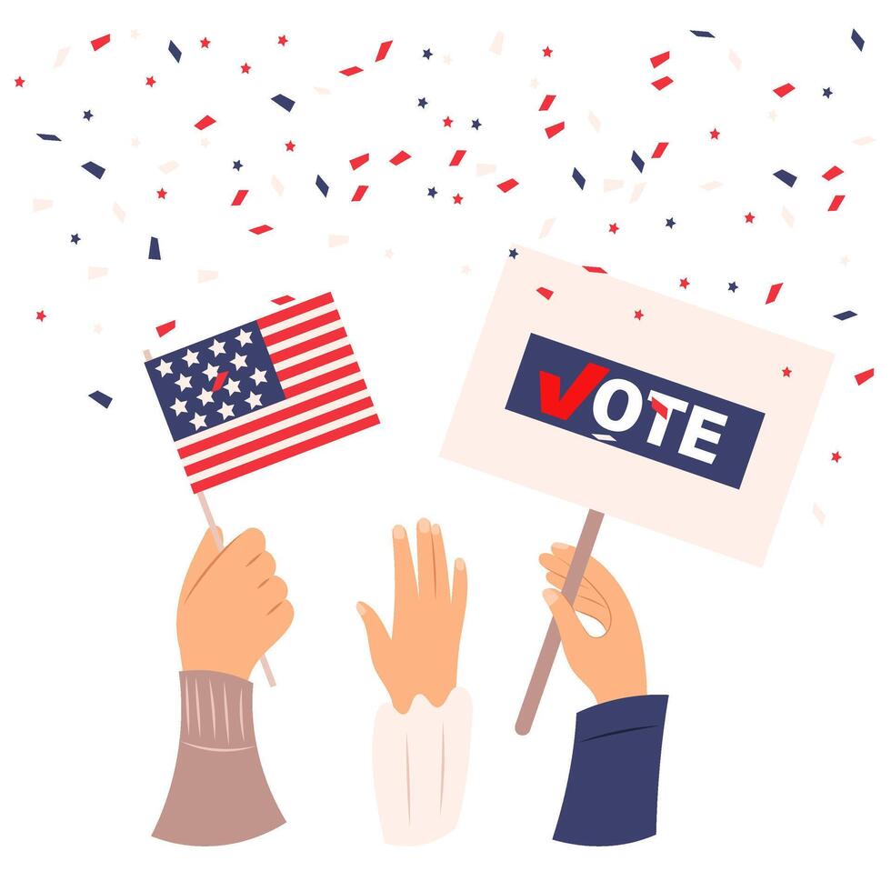 Elections. Winning the presidential election. American flag and plaque in hand. Voting. vector