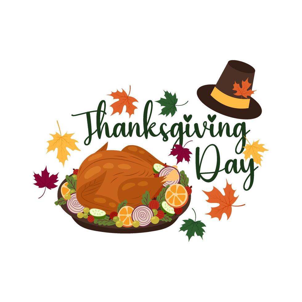 Happy Thanksgiving Day. A themed festive autumnal lettering. Congratulatory lettering with flat style decorations. vector