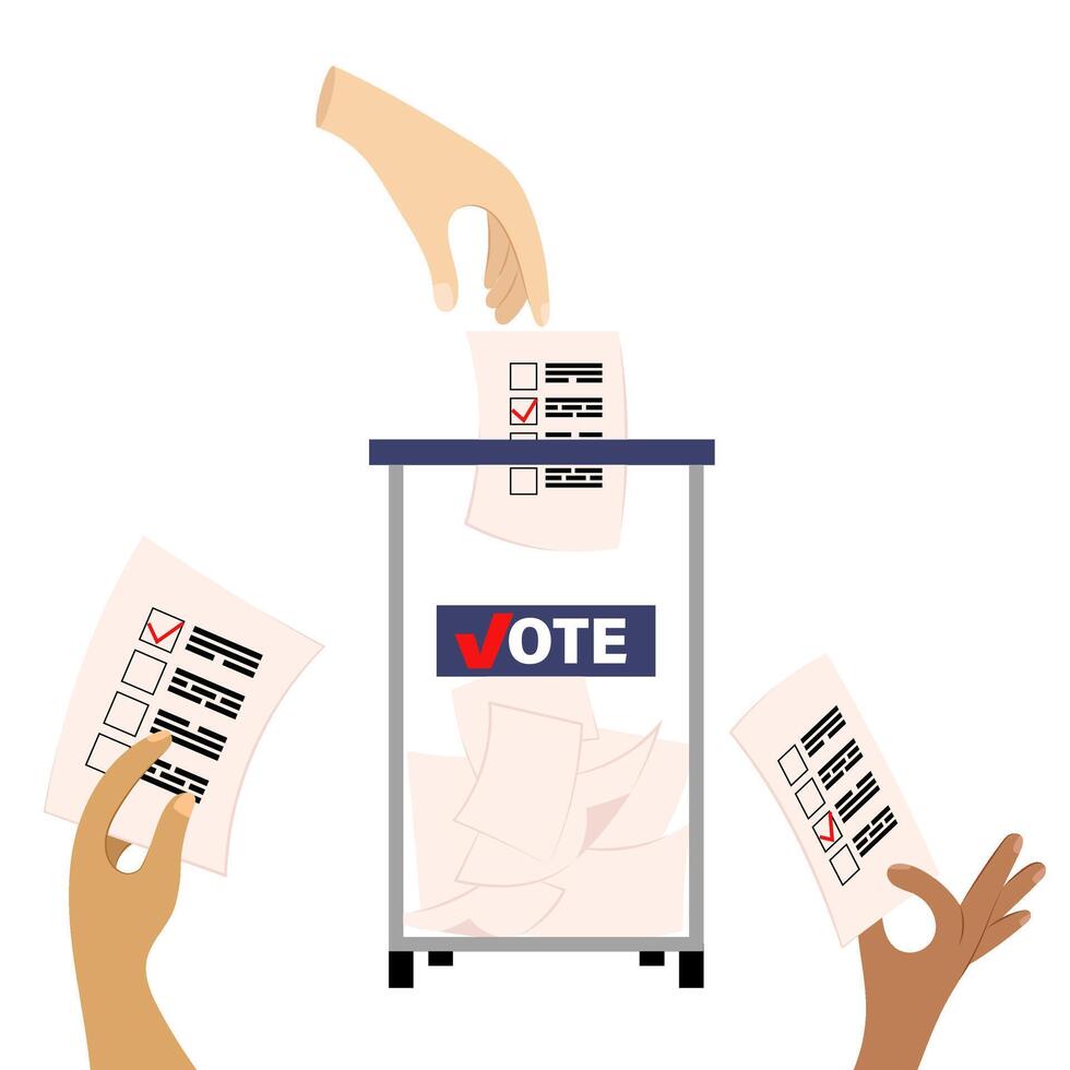 Ballot Box. Voting place. Ballot paper in the box. Presidential election. A conceptual illustration in a flat style. Bulletin in the human hand. vector