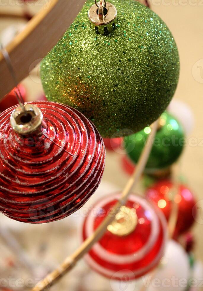 Overhead View of Funky Red and Green Christmas Ornaments photo