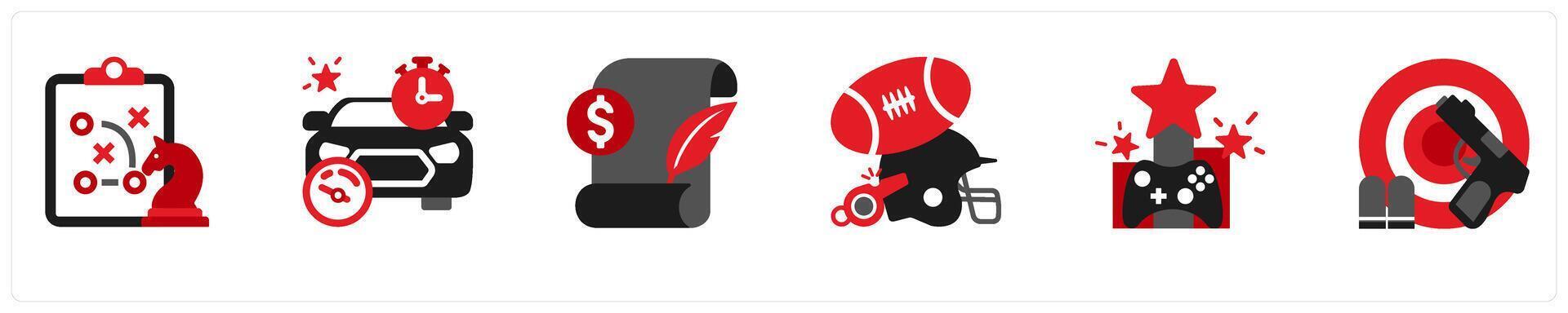 Six game icons in red and black as strategy, racing, quest vector