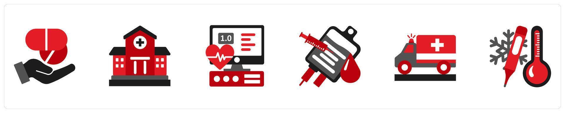 Six medical icons in red and black as medicine, hospital, ecg tracing vector