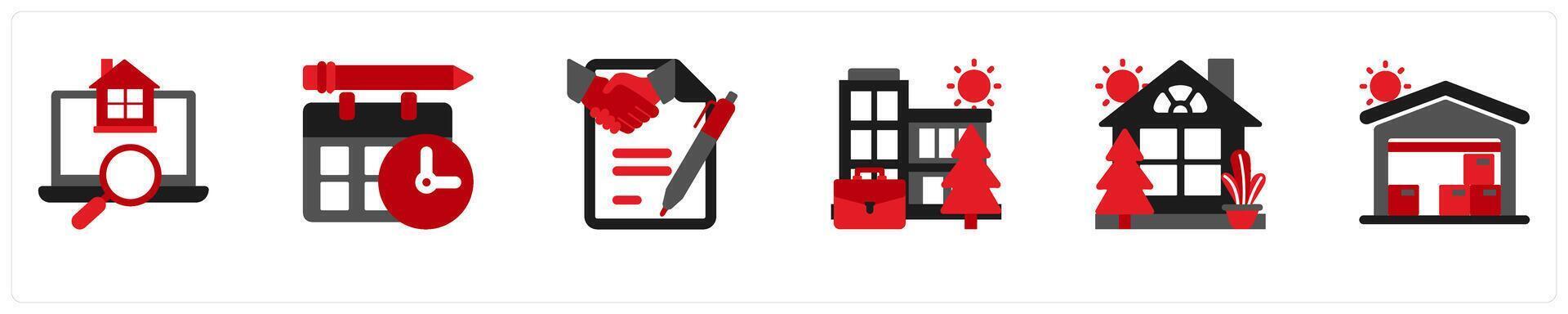 Six real estate icons in red and black as accommodation search, schedule, contract vector