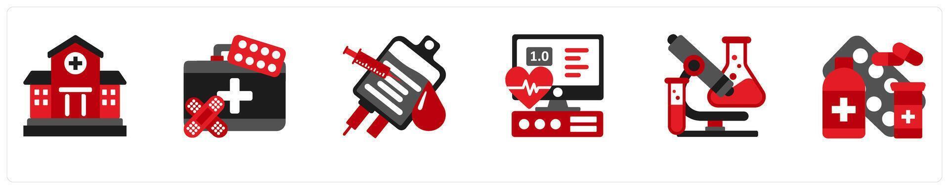 Six medical icons in red and black as hospital, first aid kit, blood transfusion vector