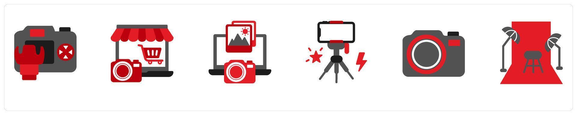 Six technology icons in red and black as dsrl camera, photography store, photographer vector