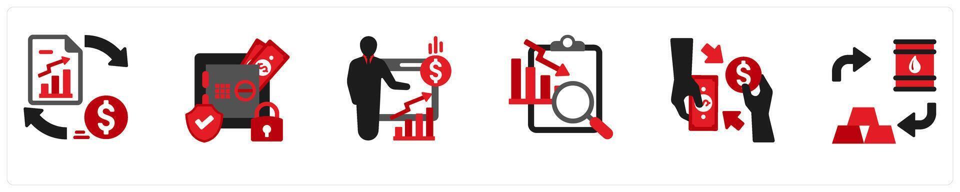 Six business icons in red and black as stock exchange, safe deposit box, advisor vector