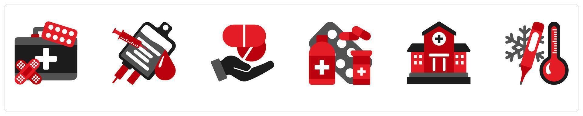 Six medical icons in red and black as first aid kit, blood transfusion, medicine vector