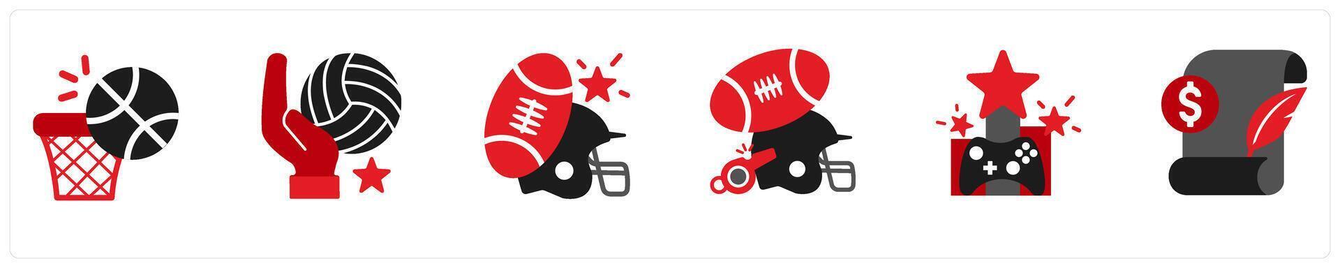 Six game icons in red and black as basket ball, volley ball, rugeby vector
