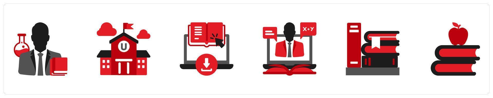 Six Education icons in red and black as professor, university, e books vector