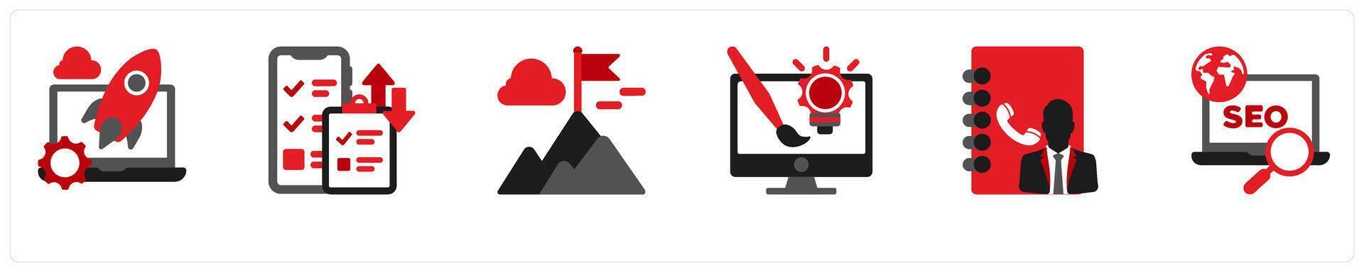 Six Business icons in red and black as start up, to do, mission vector