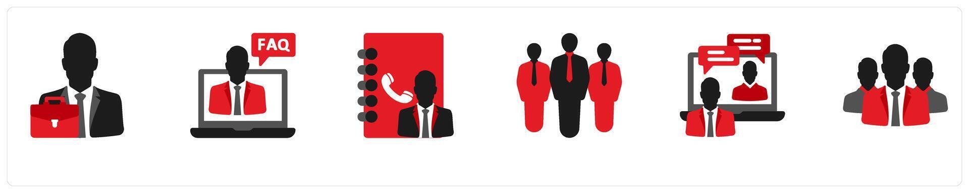 Six Business icons in red and black as businessman, faq, contact vector