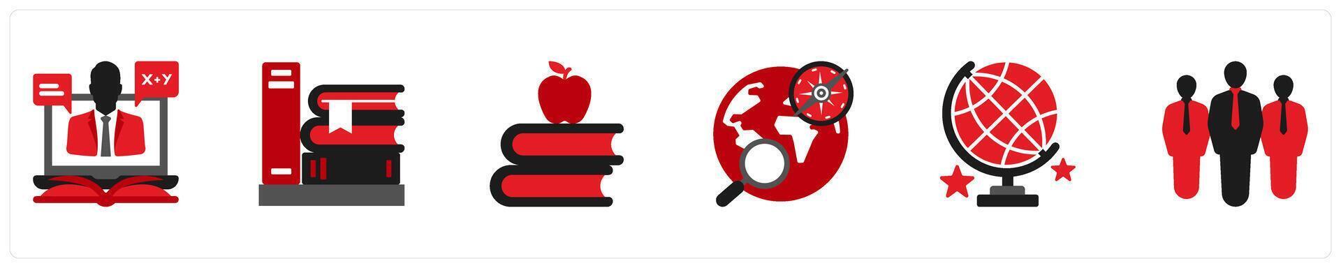 Six Education icons in red and black as lesson, books, home work vector