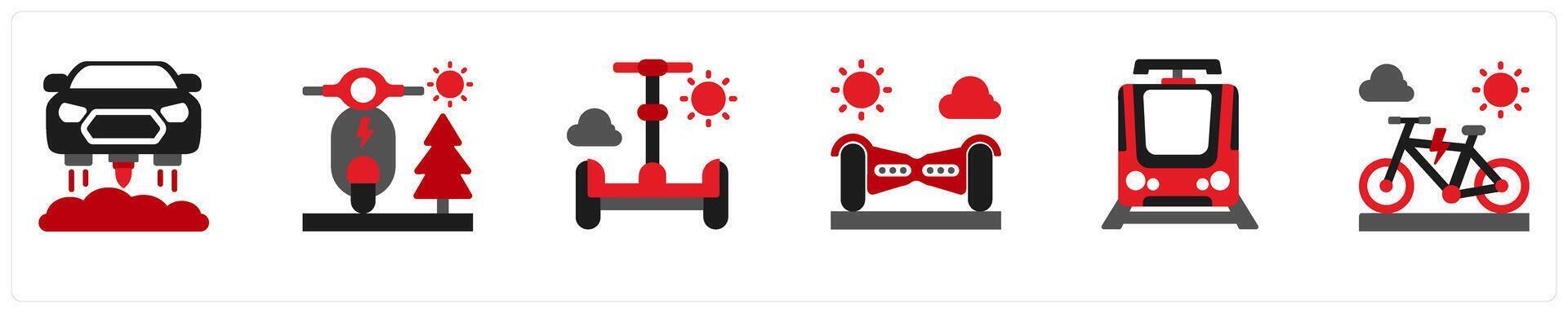 Six Technology Red and Black icons as hover car, electric scooter, gyropode vector