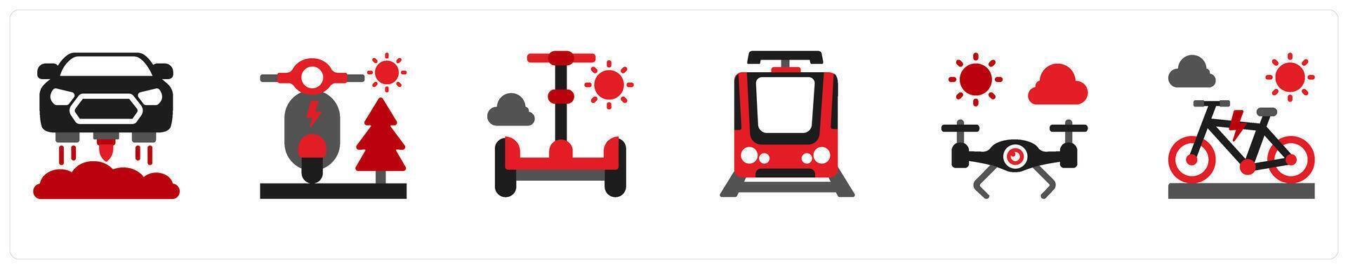 Six Technology Red and Black icons as hover car, electric scooter, gyropode vector